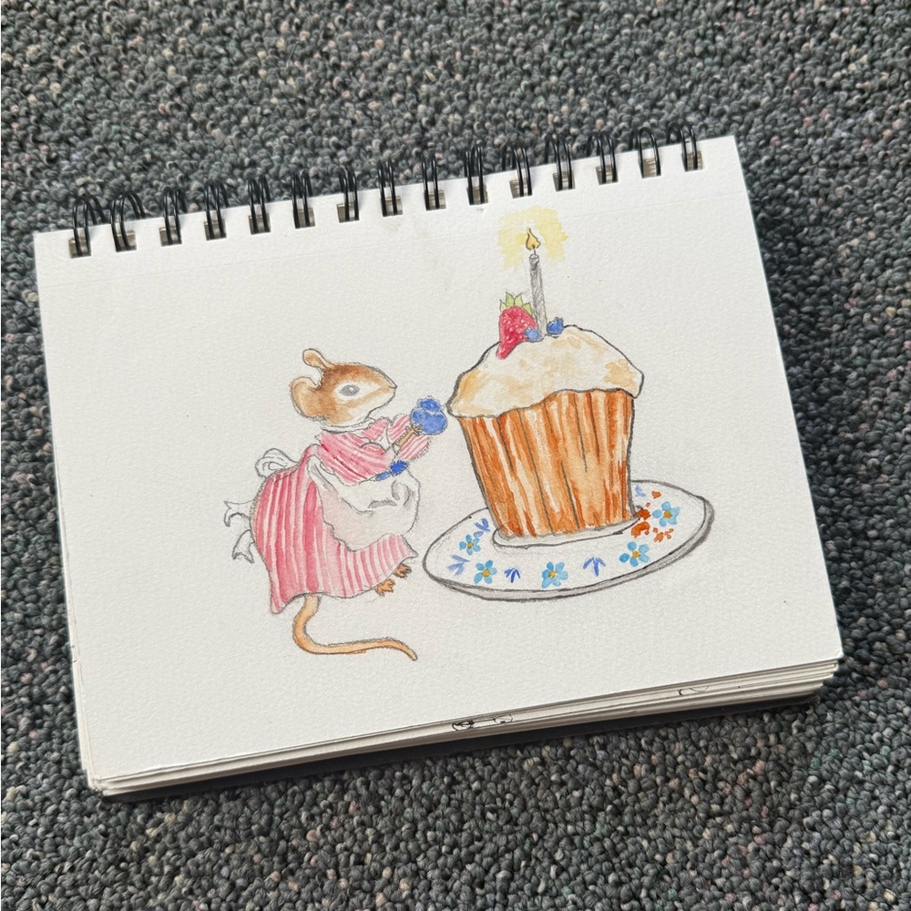 Hand drawn birthday card Mouse with Cupcake